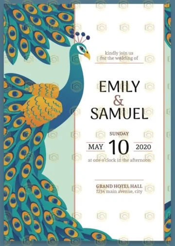 Wedding Invitation Template Adorned With A Colorful Peacock Illustration